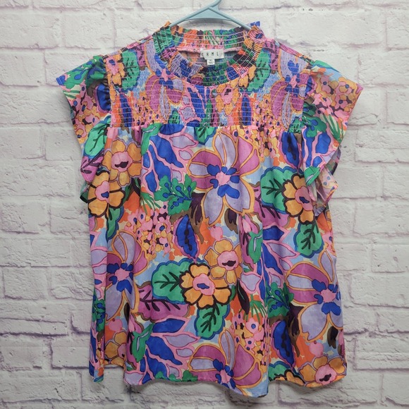 THML Smock Neck Detail Flutter Sleeve Blouse Size XL Boho Floral Lightweight - Picture 1 of 8